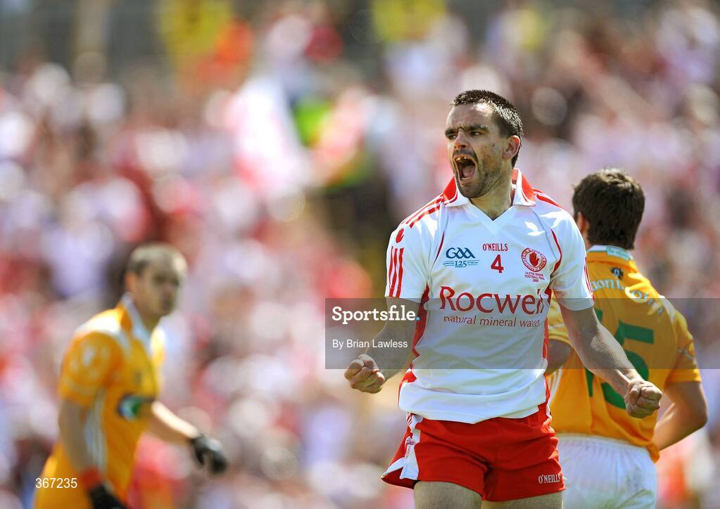 19 July 2009; Tyrone's Ryan McMenamin celebrates scoring his side's first point. GAA Football Ulster Senior Championship Final, Tyrone v Antrim, St Tighearnach's Park, Clones, Co. Monaghan. Picture credit: Brian Lawless / SPORTSFILE
