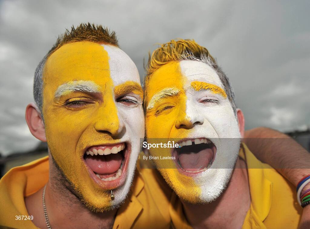19 July 2009; Antrim fans Andy Longstaff, left, and Kevin McBride, from Crumlin, Antrim, on the way to the game. GAA Football Ulster Senior Championship Final, Tyrone v Antrim, St Tighearnach's Park, Clones, Co. Monaghan. Picture credit: Brian Lawless / SPORTSFILE