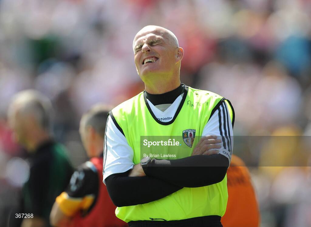 19 July 2009; Antrim manager Liam Bradley reacts to a Tyrone score. GAA Football Ulster Senior Championship Final, Tyrone v Antrim, St Tighearnach's Park, Clones, Co. Monaghan. Picture credit: Brian Lawless / SPORTSFILE