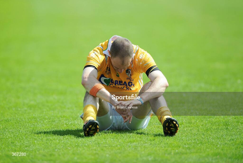 19 July 2009; Antrim's Aodhan Gallagher shows his disappointment after the match. GAA Football Ulster Senior Championship Final, Tyrone v Antrim, St Tighearnach's Park, Clones, Co. Monaghan. Picture credit: Brian Lawless / SPORTSFILE