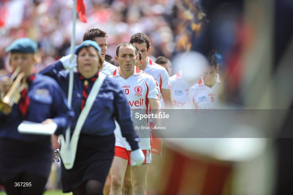 19 July 2009; Tyrone captain Brian Dooher during the pre-match parade. GAA Football Ulster Senior Championship Final, Tyrone v Antrim, St Tighearnach's Park, Clones, Co. Monaghan. Picture credit: Brian Lawless / SPORTSFILE