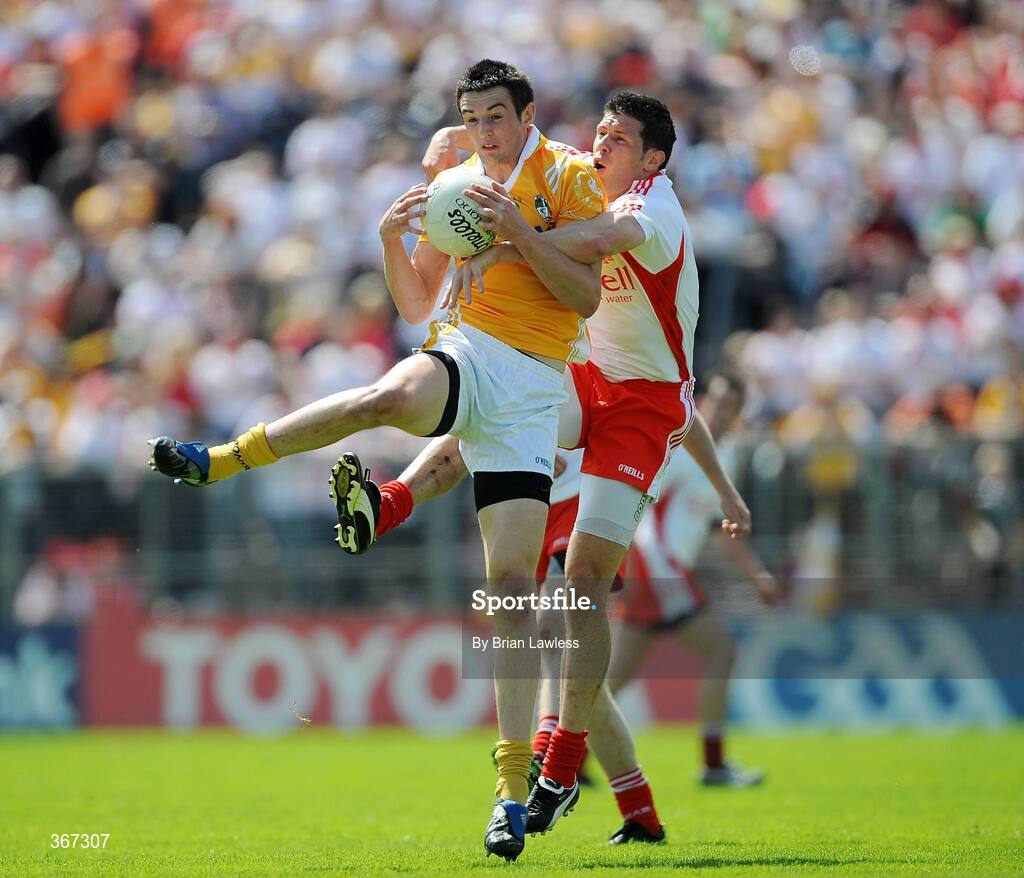 19 July 2009; Niall McKeever, Antrim, in action against Sean Cavanagh, Tyrone. GAA Football Ulster Senior Championship Final, Tyrone v Antrim, St Tighearnach's Park, Clones, Co. Monaghan. Picture credit: Brian Lawless / SPORTSFILE