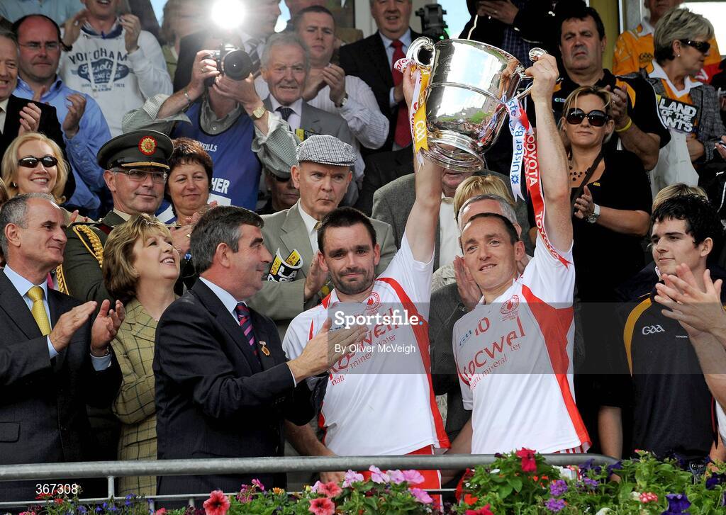 19 July 2009; Ryan McMenamin and Brian Dooher, Tyrone, lift the Anglo Celt cup. GAA Football Ulster Senior Championship Final, Tyrone v Antrim, St Tighearnach's Park, Clones, Co. Monaghan. Picture credit: Oliver McVeigh / SPORTSFILE