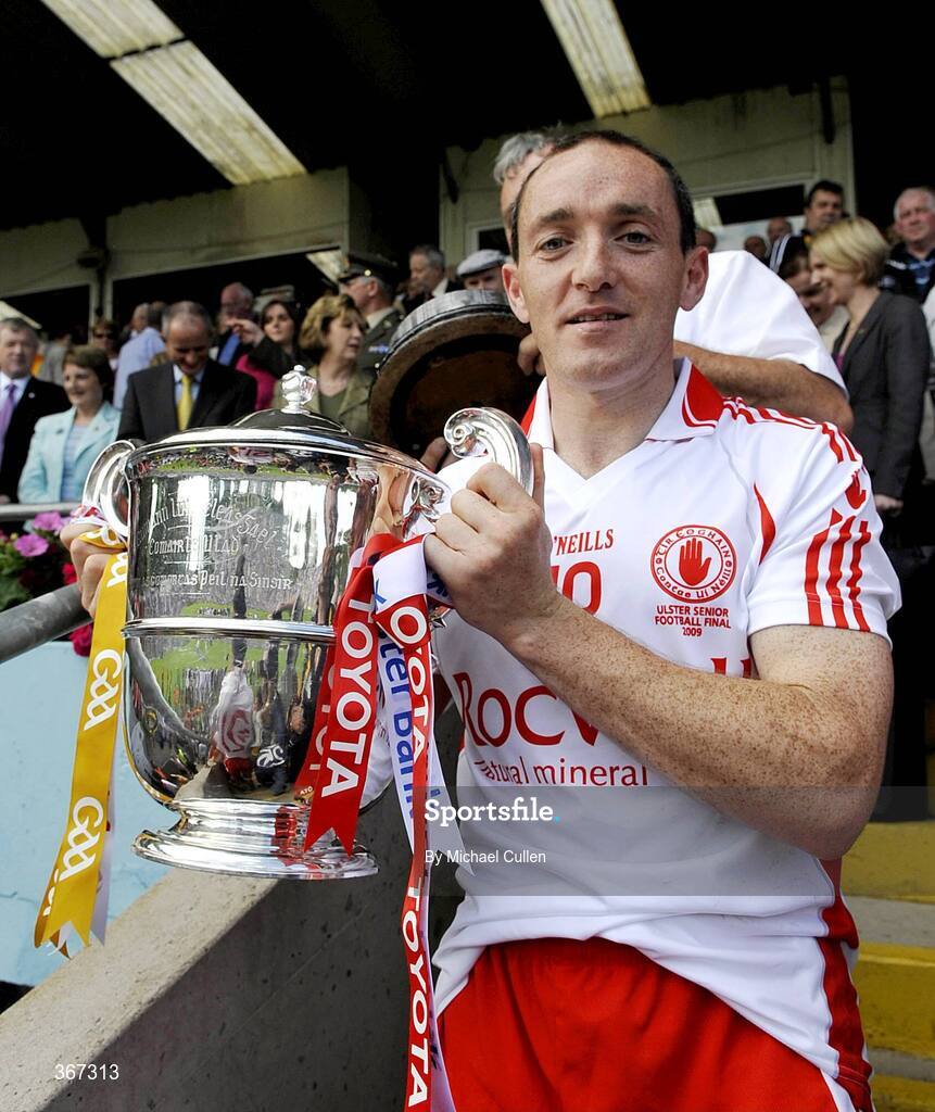 19 July 2009; Tyrone captain Brian Dooher with the Anglo Celt Cup. GAA Football Ulster Senior Championship Final, Tyrone v Antrim, St Tighearnach's Park, Clones, Co. Monaghan. Picture credit: Michael Cullen / SPORTSFILE