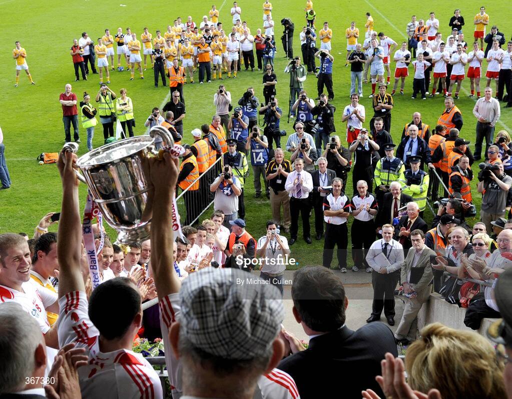 19 July 2009; Brian Dooher lifts the Anglo Celt Cup. GAA Football Ulster Senior Championship Final, Tyrone v Antrim, St Tighearnach's Park, Clones, Co. Monaghan. Picture credit: Michael Cullen / SPORTSFILE