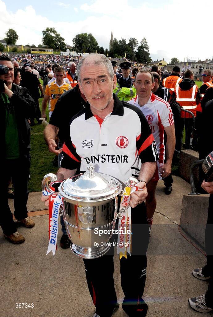 19 July 2009; Tyrone manager Mickey Harte with the Anglo Celt cup. GAA Football Ulster Senior Championship Final, Tyrone v Antrim, St Tighearnach's Park, Clones, Co. Monaghan. Picture credit: Oliver McVeigh / SPORTSFILE