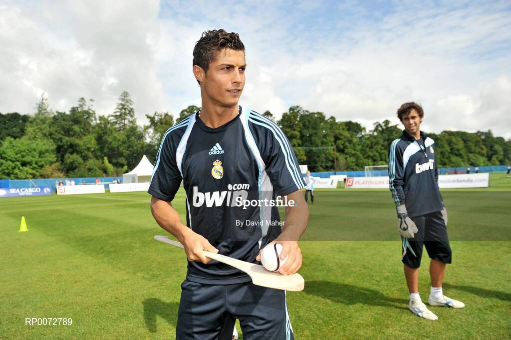 19 July 2009; Real Madrid's Cristiano Ronaldo practices his hurling skills during a special training session run by adidas and Lifestyle Sports. Real Madrid pre-season squad training, Carton House, Maynooth, Co. Kildare. Picture credit: David Maher / SPORTSFILE