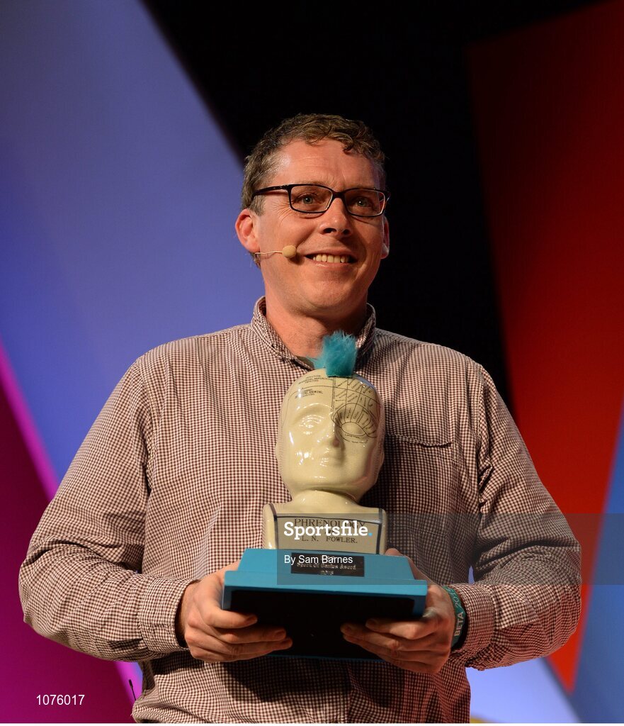 5 November 2015; Gerard Forde, Bizimply, with the Spark of Genius Award on the Marketing Stage during Day 3 of the 2015 Web Summit in the RDS, Dublin, Ireland. Picture credit: Sam Barnes / SPORTSFILE / Web Summit
