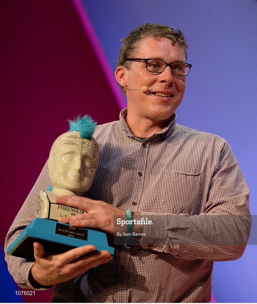 5 November 2015; Gerard Forde, Bizimply, with the Spark of Genius Award on the Marketing Stage during Day 3 of the 2015 Web Summit in the RDS, Dublin, Ireland. Picture credit: Sam Barnes / SPORTSFILE / Web Summit