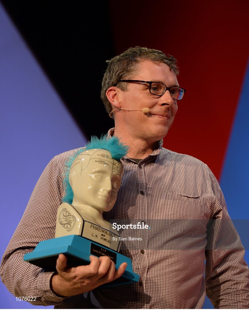 5 November 2015; Gerard Forde, Bizimply, with the Spark of Genius Award on the Marketing Stage during Day 3 of the 2015 Web Summit in the RDS, Dublin, Ireland. Picture credit: Sam Barnes / SPORTSFILE / Web Summit