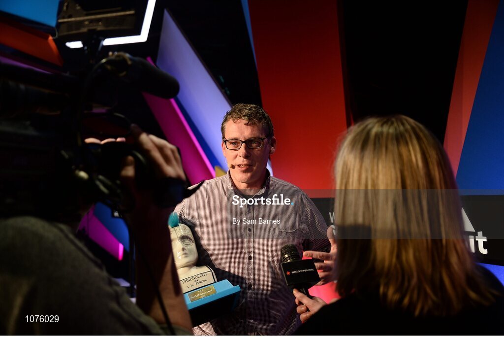 5 November 2015; Gerard Forde, Bizimply, winner of the Spark of Genius Award, is interviewed by media on the Marketing Stage during Day 3 of the 2015 Web Summit in the RDS, Dublin, Ireland. Picture credit: Sam Barnes / SPORTSFILE / Web Summit