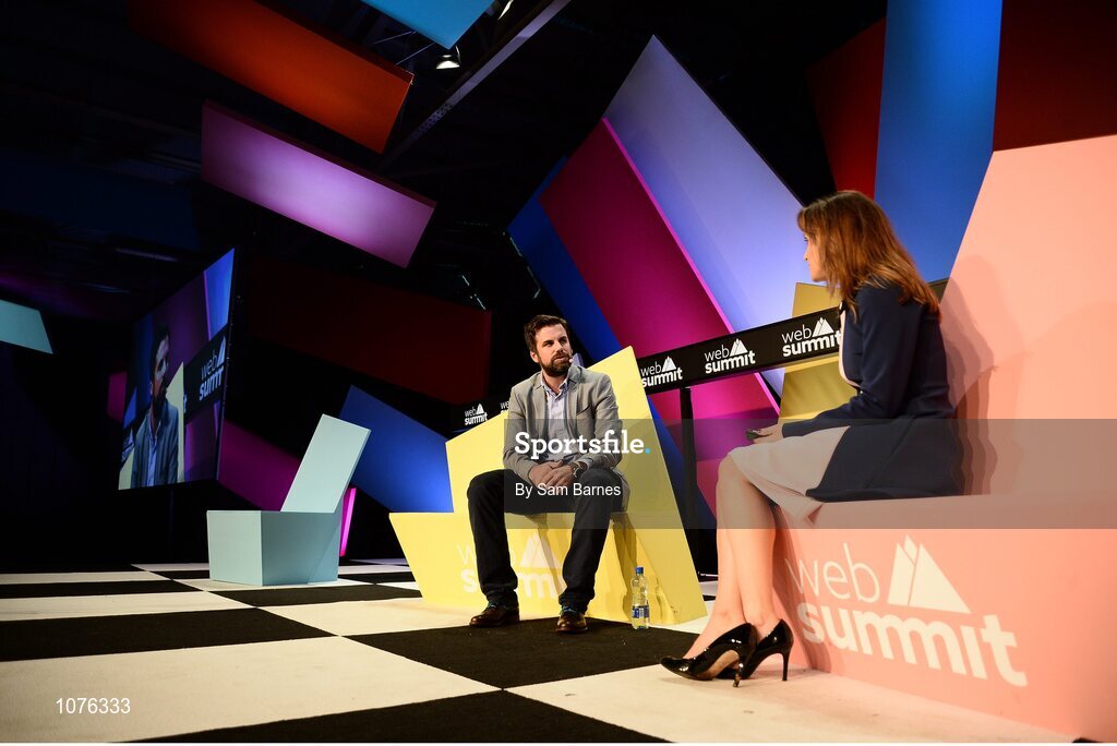 5 November 2015; Ann-Marie Tomchak, right, BBC, interviews Michael McAvoy, President and COO of The Onion,  on the Marketing Stage during Day 3 of the 2015 Web Summit in the RDS, Dublin, Ireland. Picture credit: Sam Barnes / SPORTSFILE / Web Summit