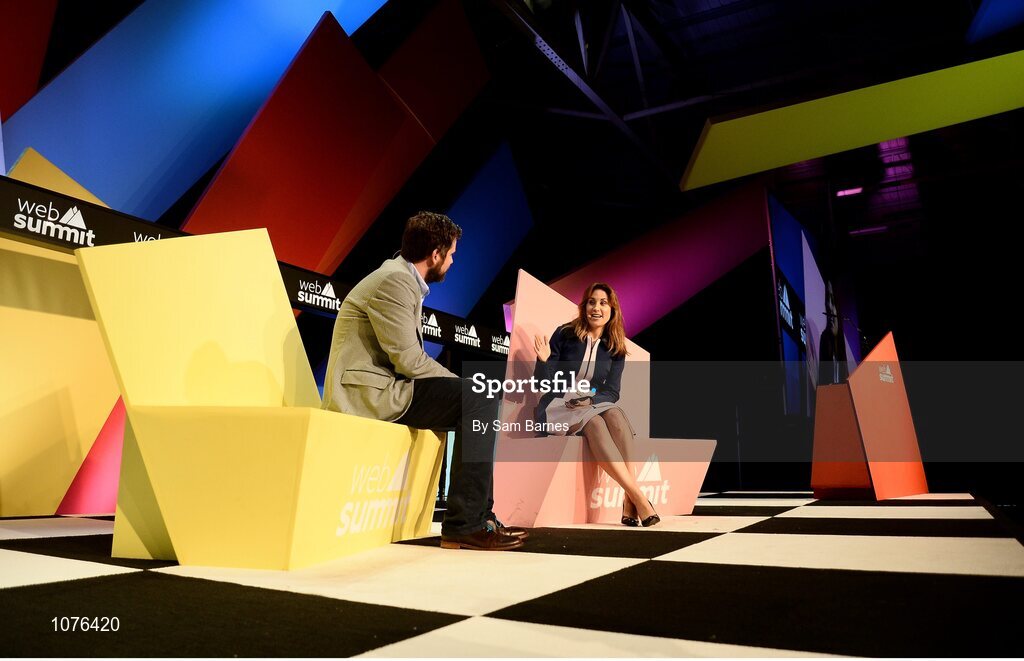 5 November 2015; Ann-Marie Tomchak, right, BBC, interviews Michael McAvoy, President and COO of The Onion,  on the Marketing Stage during Day 3 of the 2015 Web Summit in the RDS, Dublin, Ireland. Picture credit: Sam Barnes / SPORTSFILE / Web Summit