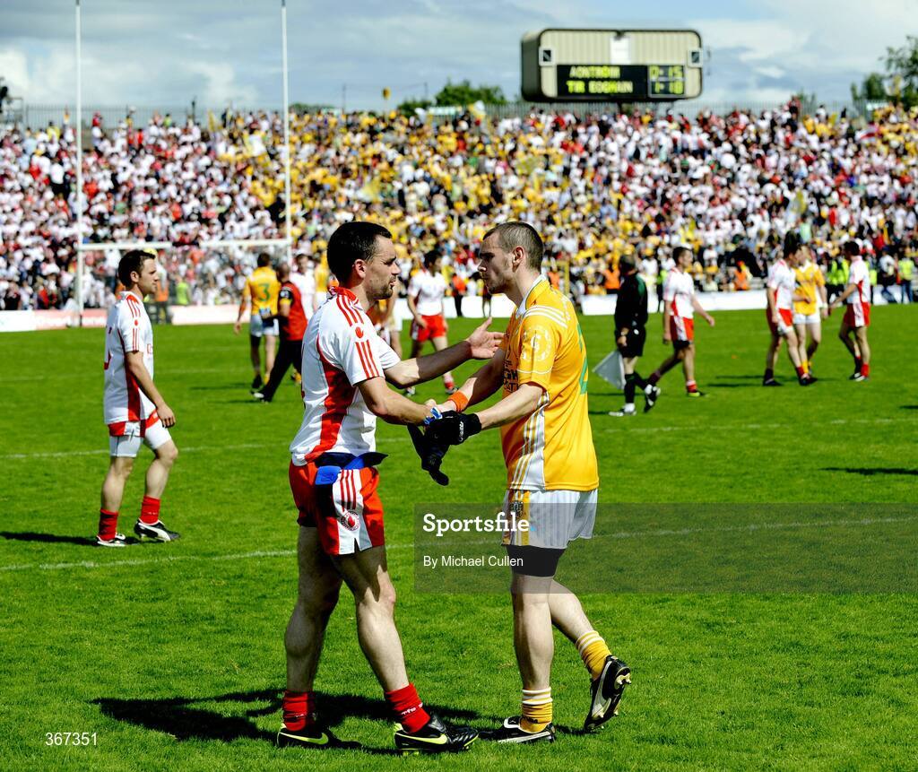 19 July 2009; Ryan McMenamin shakes hands with Colin Brady, Antrim. GAA Football Ulster Senior Championship Final, Tyrone v Antrim, St Tighearnach's Park, Clones, Co. Monaghan. Picture credit: Michael Cullen / SPORTSFILE