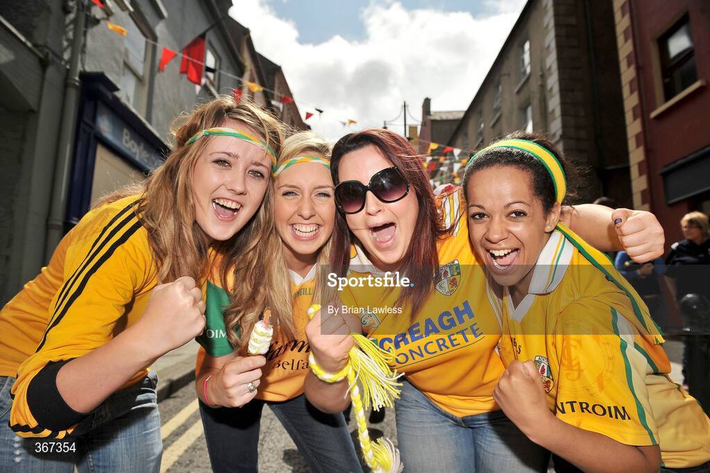 19 July 2009; Antrim fans, from left, Deirdre Ward, from Glenarm, Coleen McErlane, from Rasharkin, Anna McAleese, Portglenone, Kirby Maria, from Rasharkin. GAA Football Ulster Senior Championship Final, Tyrone v Antrim, St Tighearnach's Park, Clones, Co. Monaghan. Picture credit: Brian Lawless / SPORTSFILE