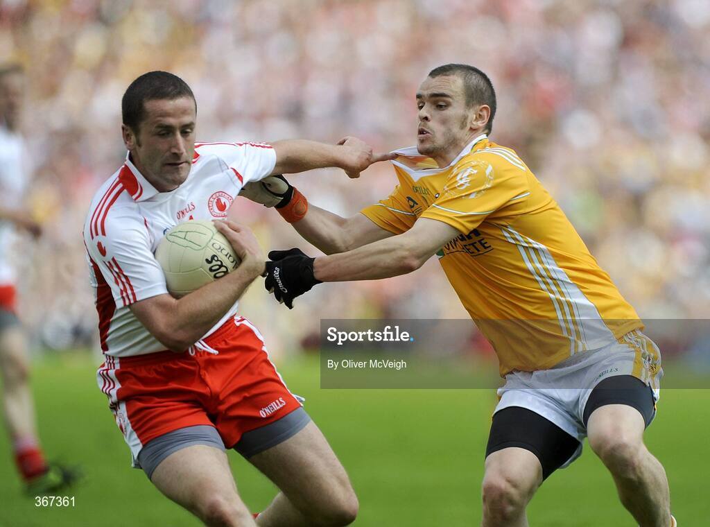 19 July 2009; Stephen O'Neill, Tyrone, in action against Colin Brady, Antrim. GAA Football Ulster Senior Championship Final, Tyrone v Antrim, St Tighearnach's Park, Clones, Co. Monaghan. Picture credit: Oliver McVeigh / SPORTSFILE