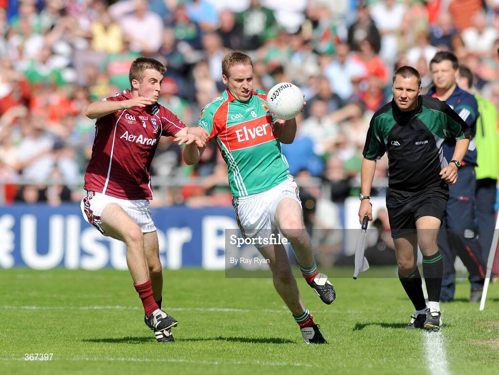 19 July 2009; Paul Conroy, Galway, in action against David Heaney, Mayo. GAA Football Connacht Senior Championship Final, Galway v Mayo, Pearse Stadium, Salthill, Galway. Picture credit: Ray Ryan / SPORTSFILE