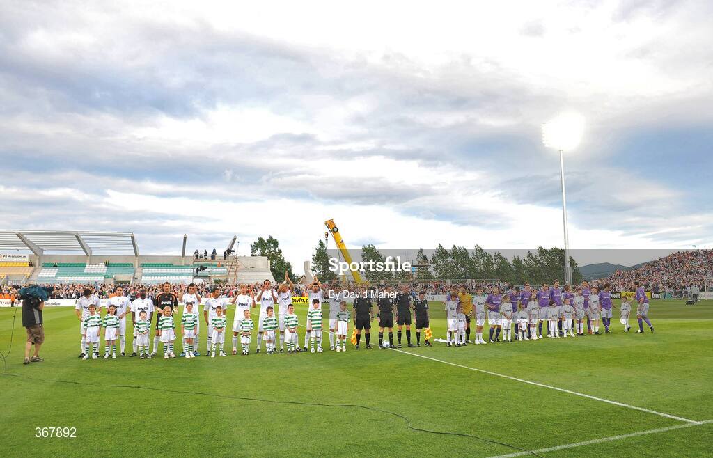 20 July 2009; The Real Madrid and Shamrock Rovers teams line up with their mascots before the game. Soccer Friendly, Shamrock Rovers v Real Madrid, Tallaght Stadium, Dublin. Picture credit: David Maher / SPORTSFILE