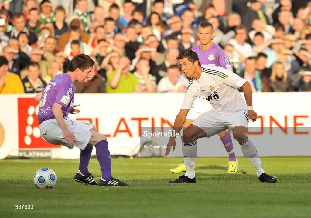 20 July 2009; Cristiano Ronaldo, Real Madrid, in action against Ian Bermingham, Shamrock Rovers. Soccer Friendly, Shamrock Rovers v Real Madrid, Tallaght Stadium, Dublin. Picture credit: David Maher / SPORTSFILE