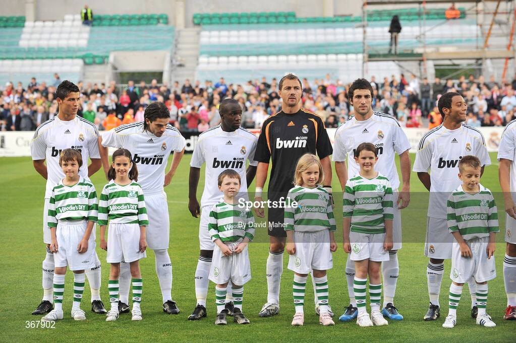 20 July 2009; Members of the Real Madrid team, from left, Cristiano Ronaldo, Fernando Gago, Lassana Diarra, Jerzy Dudek, Gonzalo Higuain, and Marcelo Vieira, with matchday mascots before the game. Soccer Friendly, Shamrock Rovers v Real Madrid, Tallaght Stadium, Dublin. Picture credit: David Maher / SPORTSFILE