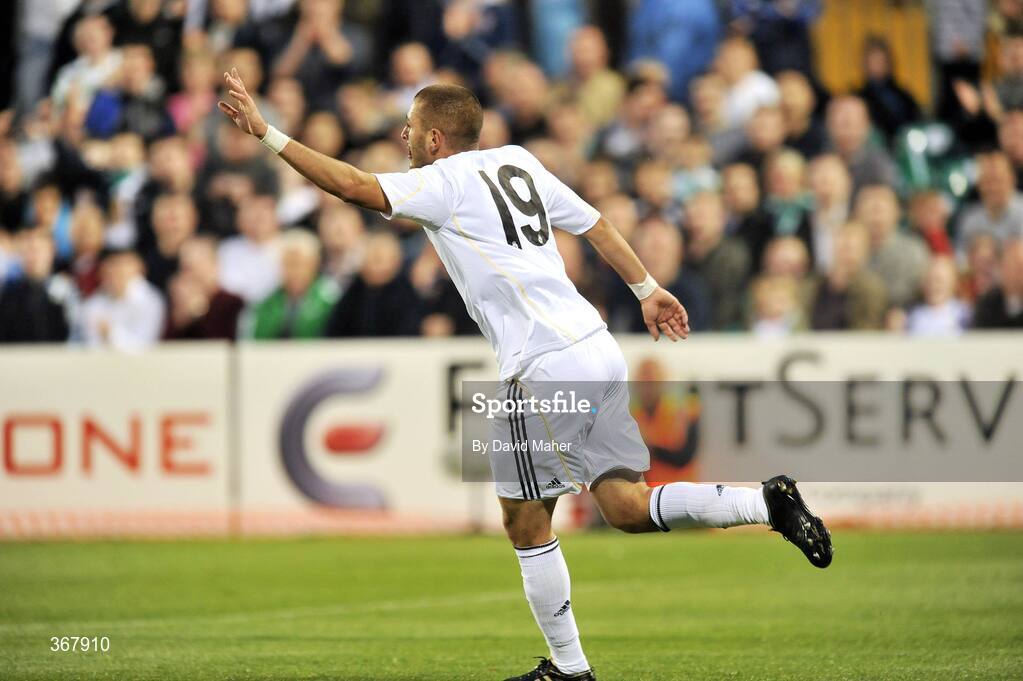 20 July 2009; Karim Benzema, Real Madrid, celebrates after scoring his sides first goal. Soccer Friendly, Shamrock Rovers v Real Madrid, Tallaght Stadium, Dublin. Picture credit: David Maher / SPORTSFILE