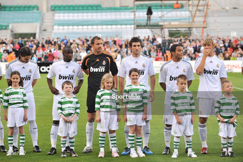 20 July 2009;  Real Madrid players, from left, Fernando Gago, Lassana Diarra, Jerzy Dudek, Gonzalo Higuain, Marcelo Vieira, and Guti with matchday mascots before the game. Soccer Friendly, Shamrock Rovers v Real Madrid, Tallaght Stadium, Dublin. Picture credit: David Maher / SPORTSFILE