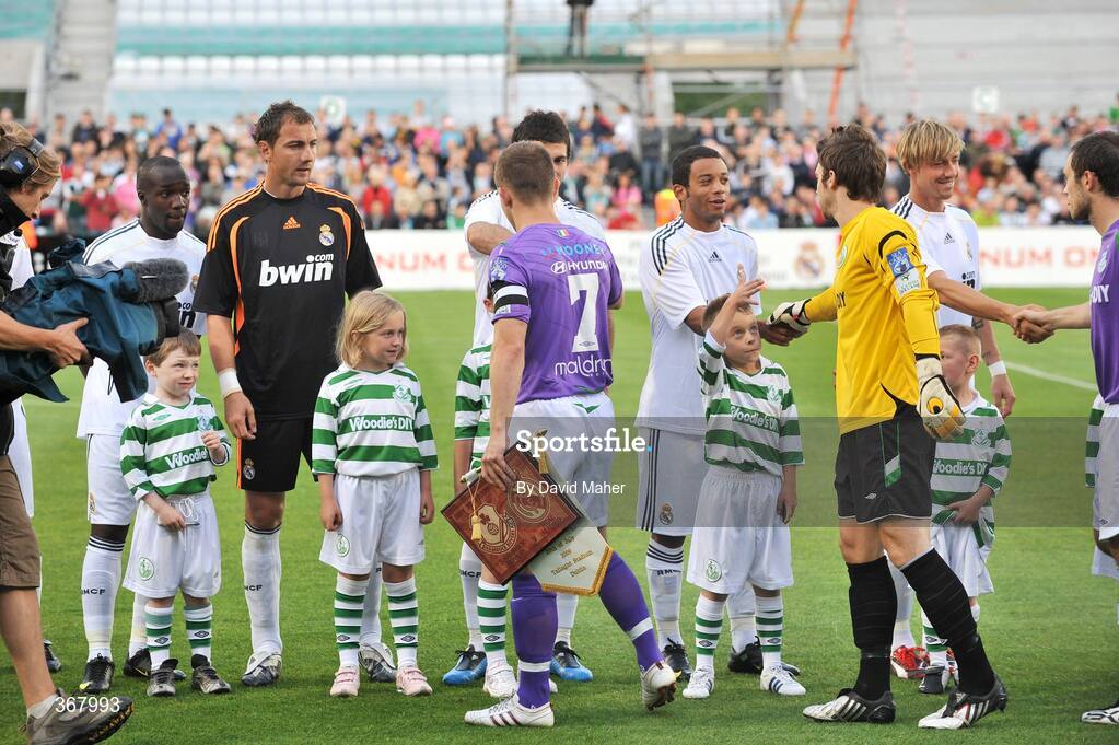 20 July 2009; Real Madrid players shake hands with Shamrock Rovers players before the start of the game. Soccer Friendly, Shamrock Rovers v Real Madrid, Tallaght Stadium, Dublin. Picture credit: David Maher / SPORTSFILE