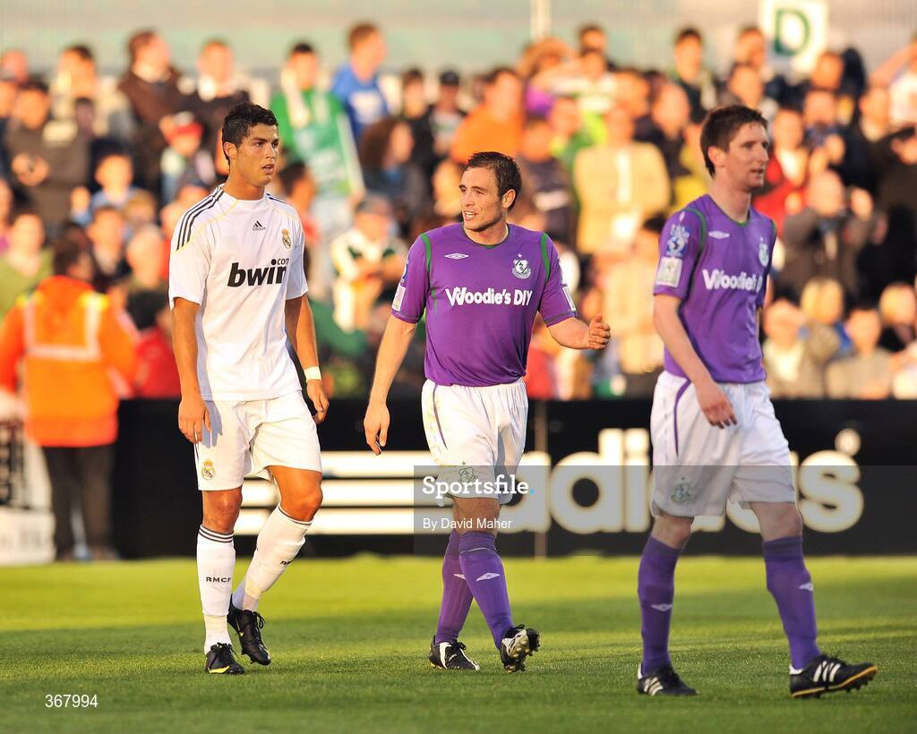 20 July 2009; Cristiano Ronaldo, Real Madrid, walks off the pitch at half time alongside Stephen Rice, Shamrock Rovers. Soccer Friendly, Shamrock Rovers v Real Madrid, Tallaght Stadium, Dublin. Picture credit: David Maher / SPORTSFILE