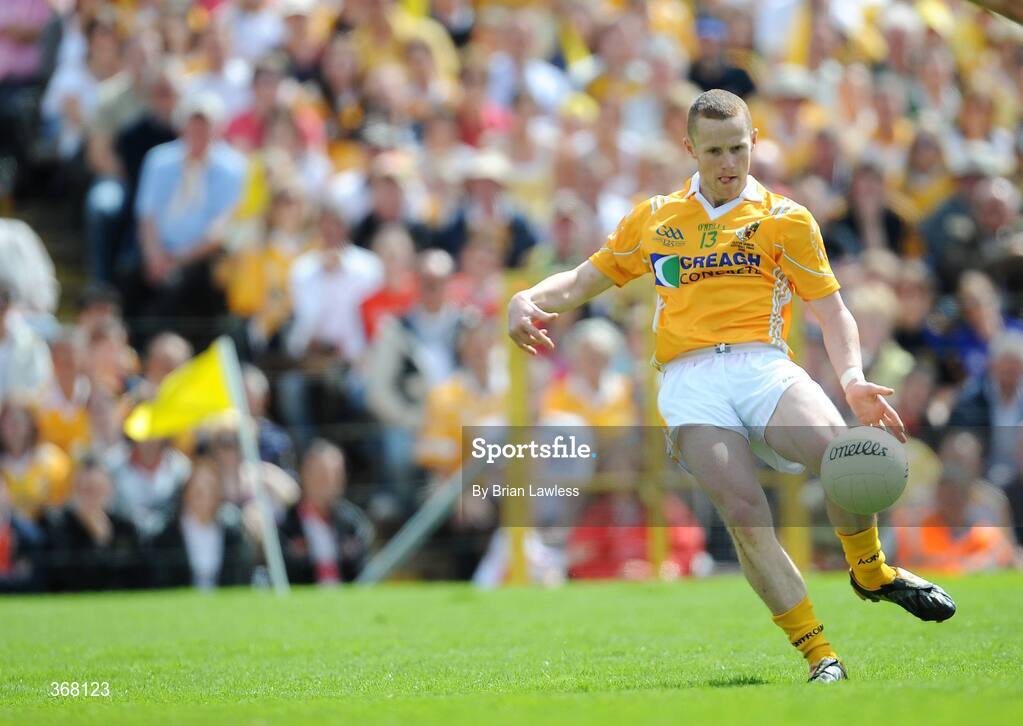19 July 2009; Paddy Cunningham, Antrim, kicks a free. GAA Football Ulster Senior Championship Final, Tyrone v Antrim, St Tighearnach's Park, Clones, Co. Monaghan. Picture credit: Brian Lawless / SPORTSFILE