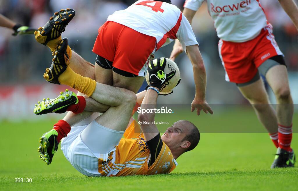 19 July 2009; Aodhan Gallagher, Antrim, in action against Ryan McMenamin, Tyrone. GAA Football Ulster Senior Championship Final, Tyrone v Antrim, St Tighearnach's Park, Clones, Co. Monaghan. Picture credit: Brian Lawless / SPORTSFILE