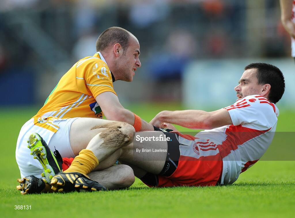 19 July 2009; Aodhan Gallagher, Antrim, tussles with Ryan McMenamin, Tyrone. GAA Football Ulster Senior Championship Final, Tyrone v Antrim, St Tighearnach's Park, Clones, Co. Monaghan. Picture credit: Brian Lawless / SPORTSFILE