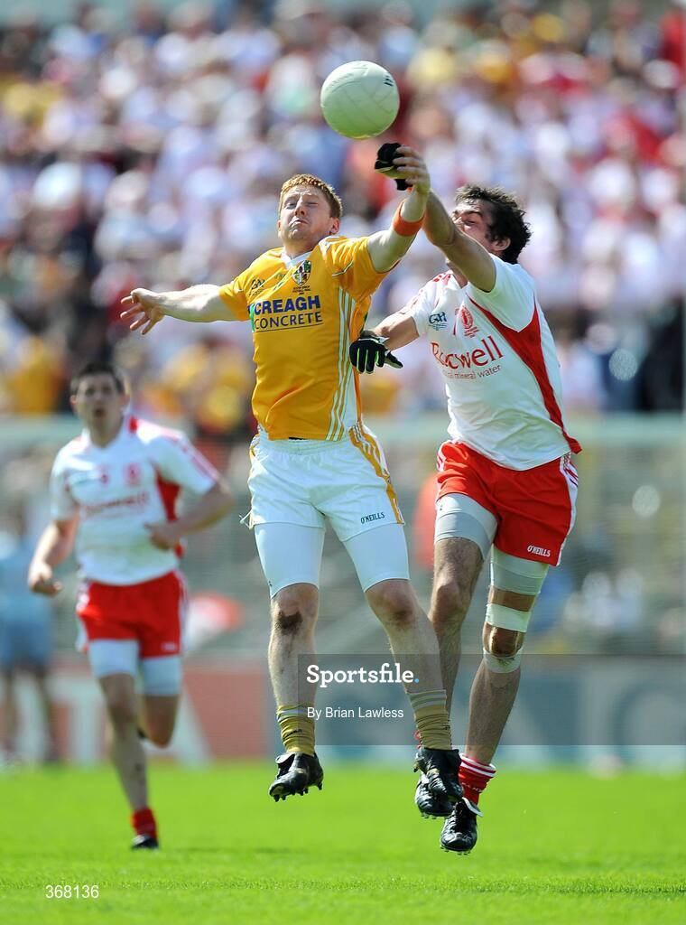 19 July 2009; Terry O'Neill, Antrim, in action against Joe McMahon, Tyrone. GAA Football Ulster Senior Championship Final, Tyrone v Antrim, St Tighearnach's Park, Clones, Co. Monaghan. Picture credit: Brian Lawless / SPORTSFILE