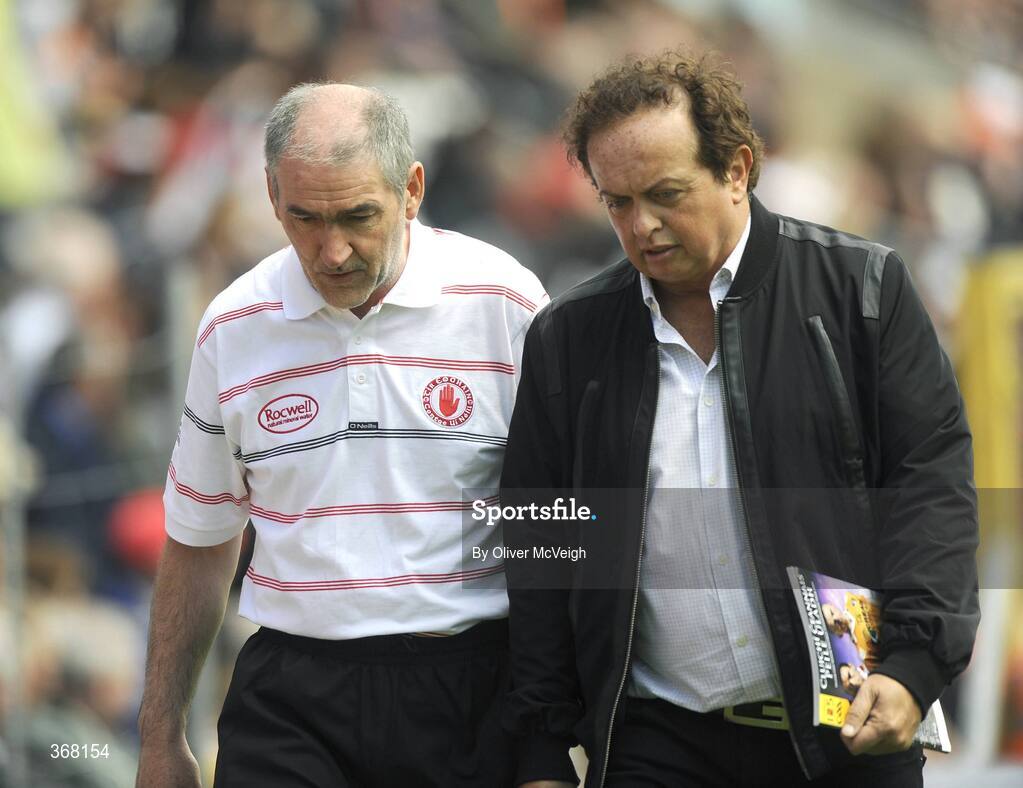 19 July 2009; Tyrone manager Mickey Harte and RTE commentator Marty Morrissey. GAA Football Ulster Senior Championship Final, Tyrone v Antrim, St Tighearnach's Park, Clones, Co. Monaghan. Picture credit: Oliver McVeigh / SPORTSFILE