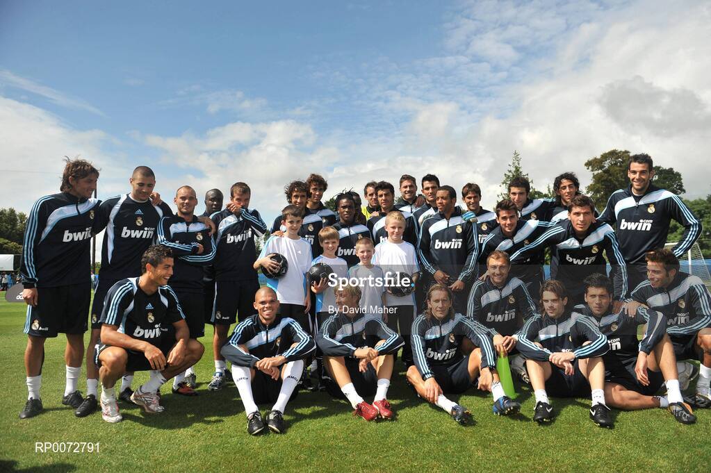 19 July 2009; Real Madrid players pictured with Niall Murphy, from Naas, Christopher Ryan, from Kildare, James Grace, from Newbridge, and Sean Scully, from Naas, during a special training session run by adidas and Lifestyle Sports. Real Madrid pre-season squad training, Carton House, Maynooth, Co. Kildare. Picture credit: David Maher / SPORTSFILE
