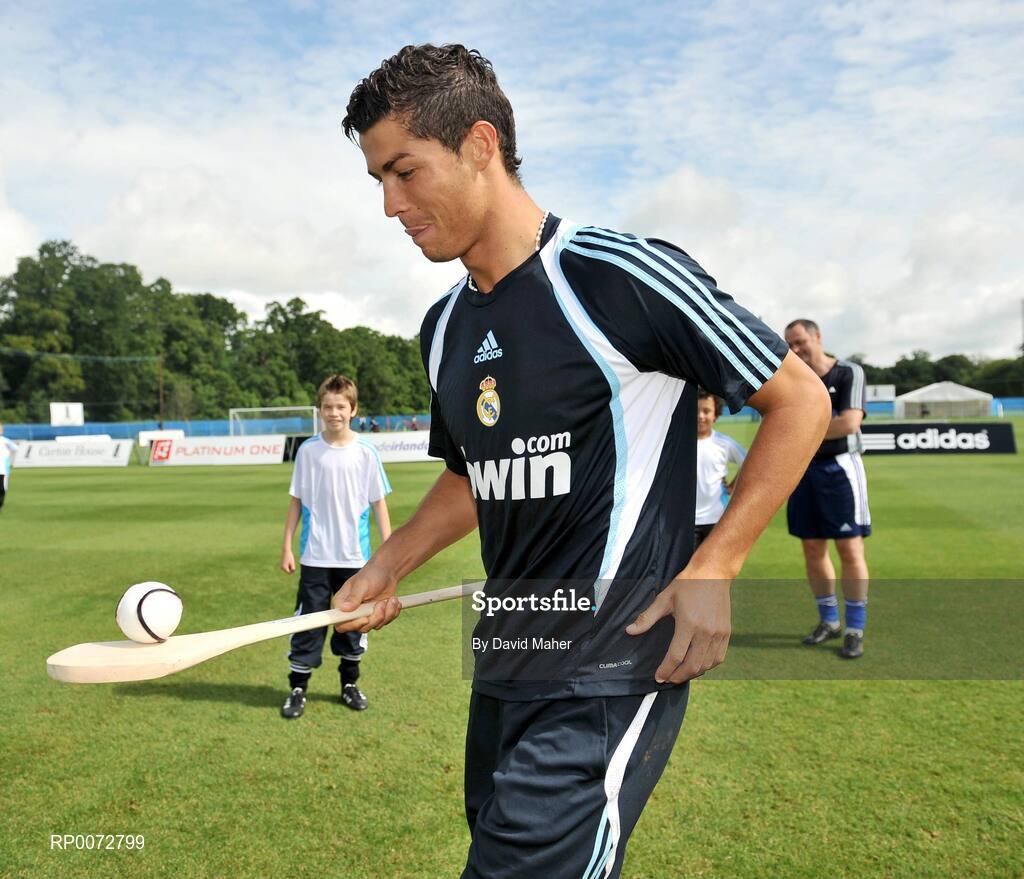 19 July 2009; Real Madrid's Cristiano Ronaldo practices his hurling skills during a special training session run by adidas and Lifestyle Sports. Real Madrid pre-season squad training, Carton House, Maynooth, Co. Kildare. Picture credit: David Maher / SPORTSFILE