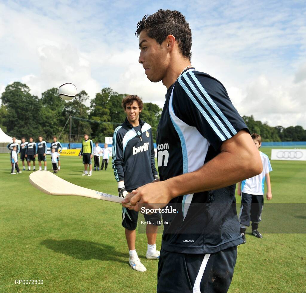 19 July 2009; Real Madrid's Cristiano Ronaldo practices his hurling skills during a special training session run by adidas and Lifestyle Sports. Real Madrid pre-season squad training, Carton House, Maynooth, Co. Kildare. Picture credit: David Maher / SPORTSFILE