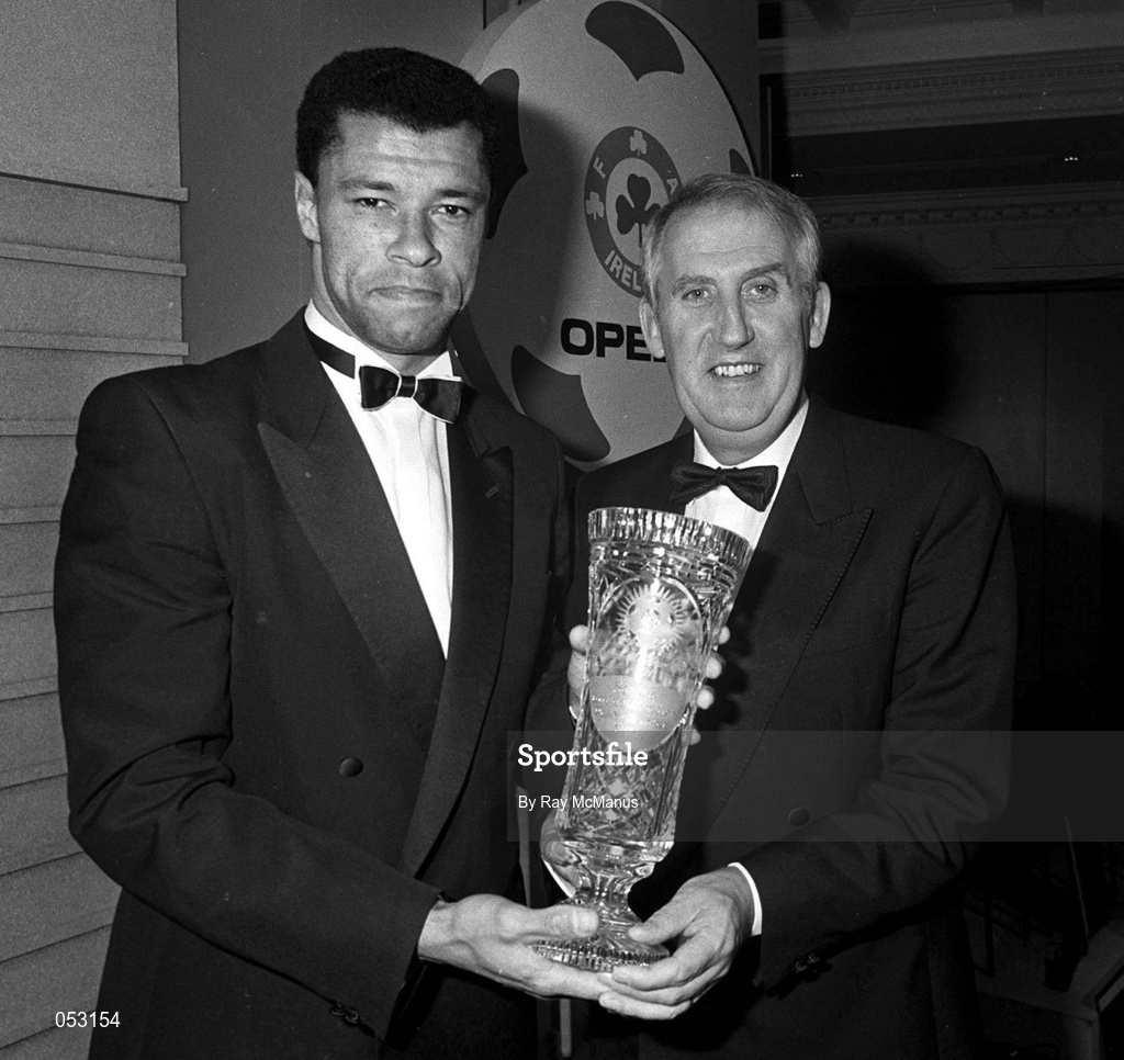 November 1991; Republic of Ireland's Paul McGrath receives the OPEL International Senior Player of the Year Award in 1991 from Arnold O'Byrne, Managing Director, OPEL Ireland in Dublin. Photo by Ray McManus/Sportsfile.