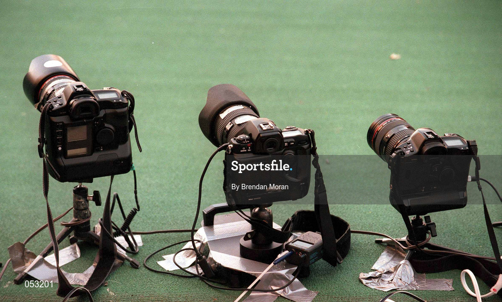 23 September 2000; A general view of remote cameras set up for the 100m final at Stadium Australia, Sydney Olympic Park in Homebush Bay, Sydney, Australia. Photo by Brendan Moran/Sportsfile