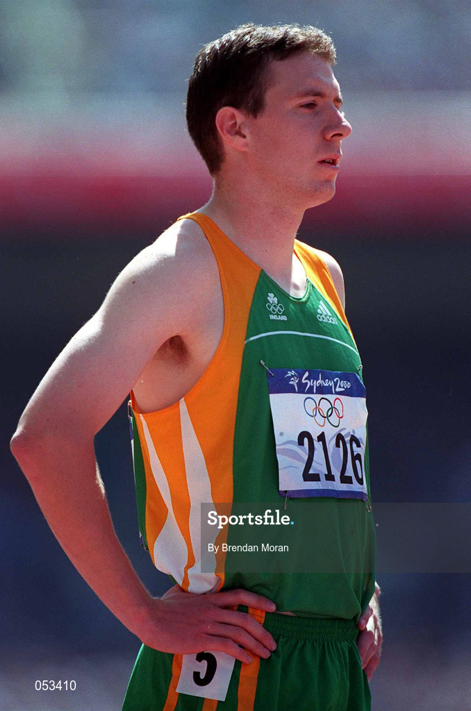 22 September 2000; Tomas Coman of Ireland ahead of his heat of the men's 400m at  Stadium Australia in Sydney Olympic Park, Homebush Bay, Sydney, Australia.  Photo by Brendan Moran/Sportsfile