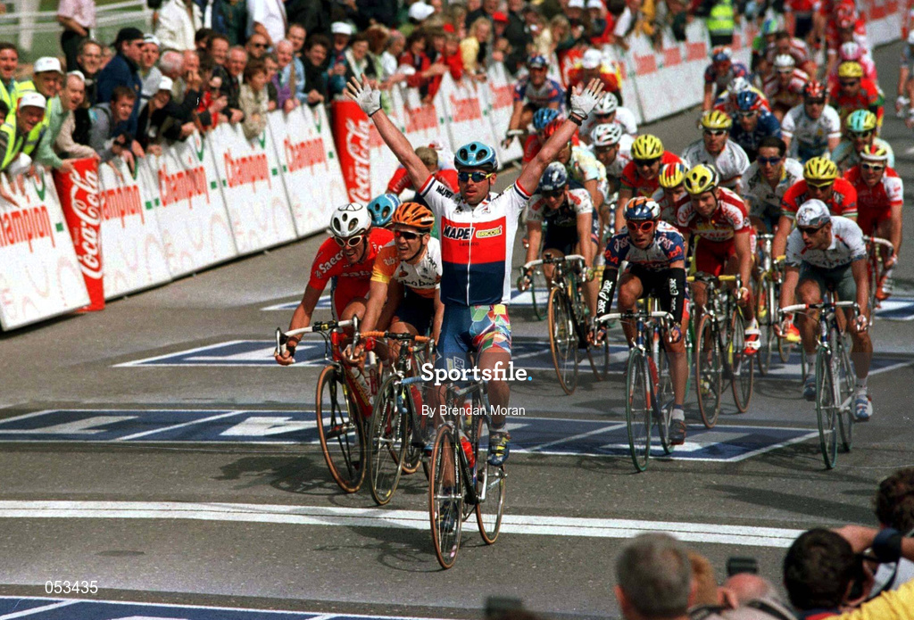 13 July 1998; Jan Svorada crosses the finish line to win Stage 2 of the 1998 Tour de France from Enniscorthy to Cork. Photo by Brendan Moran/Sportsfile  *POOL PICTURE*