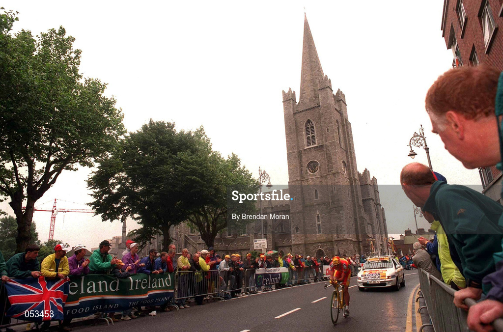 11 July 1998; Pascal Lino passes St.Patrick's Cathedral whislt competing in the Prologue of the 1998 Tour de France in Dublin. Photo by Brendan Moran/Sportsfile