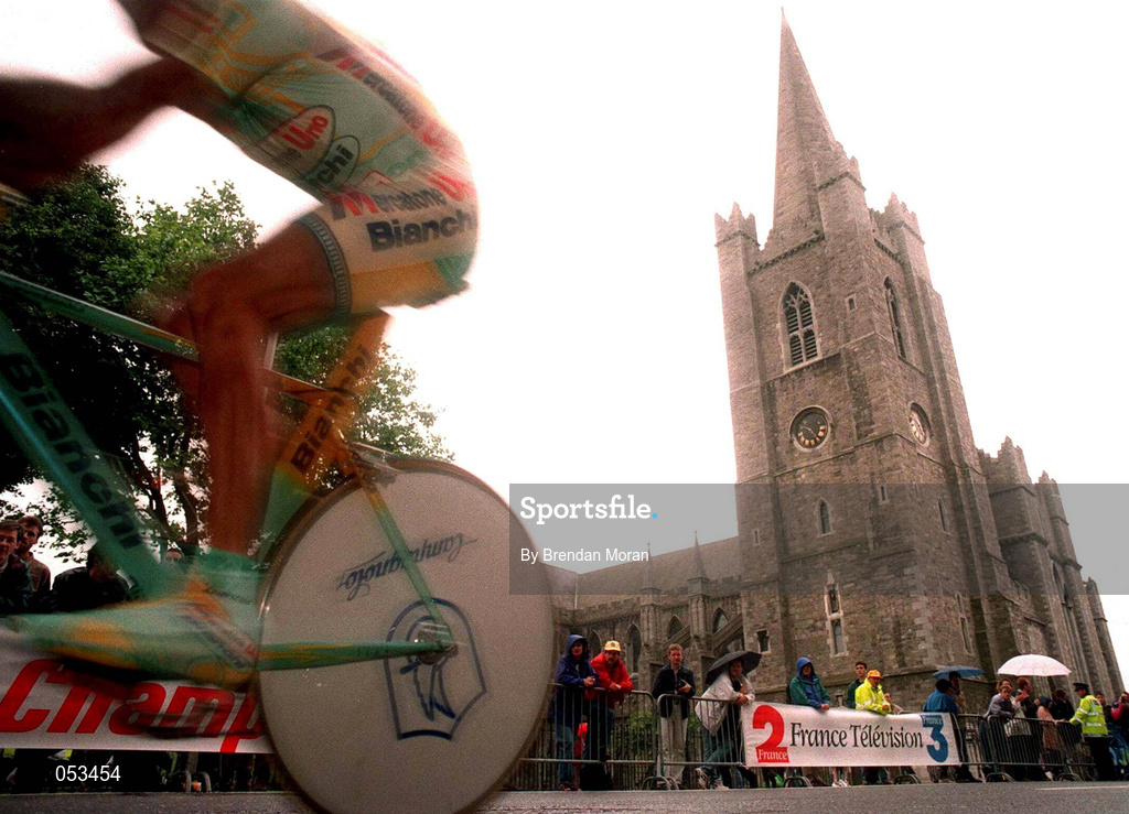 11 July 1998; Riccardo Forconi passes St. Patrick's Cathedral whilst competing in the Prologue of the 1998 Tour de France in Dublin. Photo by Brendan Moran/Sportsfile