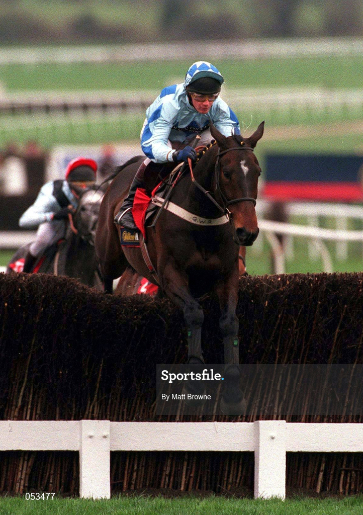 16 March 1999; Unguided Missile, with Graham Bradley up, jumps the last first time round during William Hill National Hunt Handicap Chase on day one of the Cheltenham Racing Festival at Prestbury Park in Cheltenham, England. Photo by Matt Browne/Sportsfile