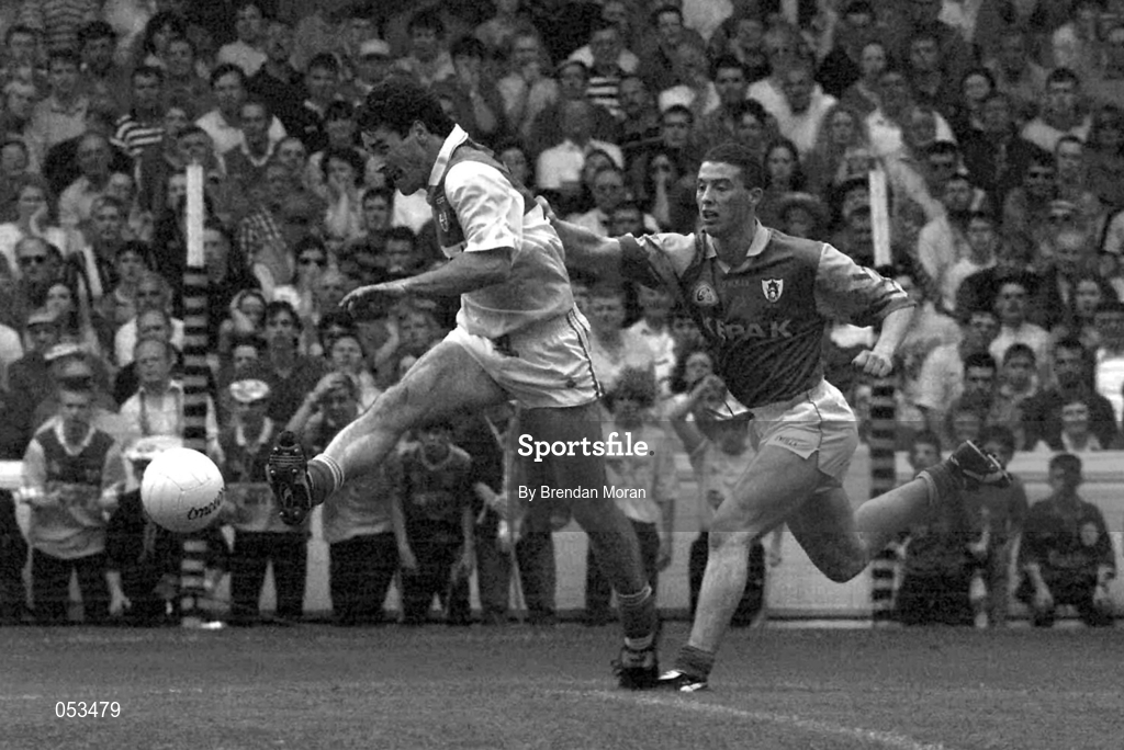 16 August 1997; Vinny Claffey of Offaly shoots to score his sides first goal during the Leinster GAA Senior Football Championship Final match between Offaly and Meath at Croke Park, Dublin. Photo By Brendan Moran/Sportsfile