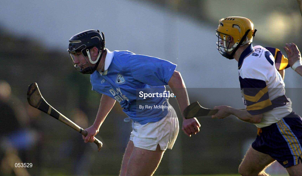 26 November 2000; Eddie Brennan of Graigue-Ballycallan, is tackled by Brian Walton of UCD during the AIB Leinster Senior Hurling Championship Final between Graigue-Ballycallan and University College Dublin at Nowlan Park in Kilkenny. Photo by Ray McManus/Sportsfile