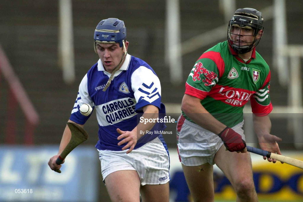 4 November 2000; Robert Delaney of Castletown in action against Gary Hanniffy of Birr during the AIB Leinster Club Hurling Championship Quarter-Final match between Castletown and Birr at O'Moore Park in Portlaoise, Laois. Photo by Ray McManus/Sportsfile