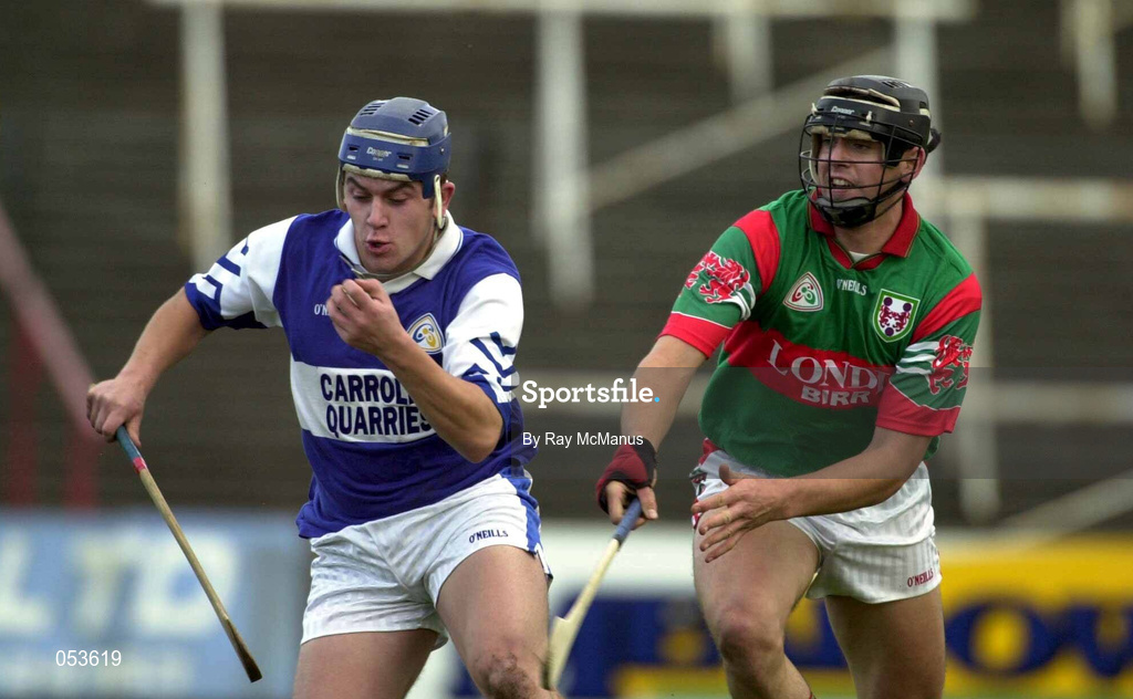 4 November 2000; Robert Delaney of Castletown in action against Gary Hanniffy of Birr during the AIB Leinster Club Hurling Championship Quarter-Final match between Castletown and Birr at O'Moore Park in Portlaoise, Laois. Photo by Ray McManus/Sportsfile