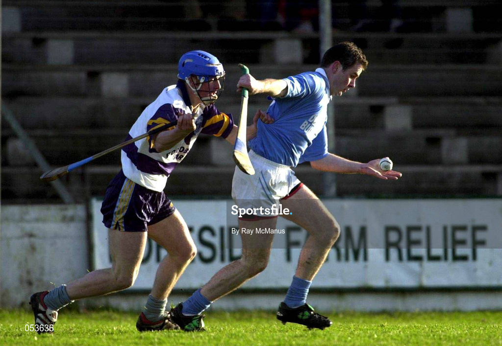 26 November 2000; Tomas Dermody of Graigue-Ballycallan is tackled by Colm Everard of UCD during the AIB Leinster Senior Hurling Championship Final between Graigue-Ballycallan and University College Dublin at Nowlan Park in Kilkenny. Photo by Ray McManus/Sportsfile