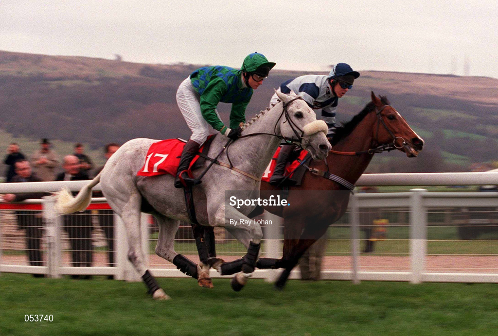 16 March 2000; Morstock, with L Cummins up, left, races alongside Dante's Cavalier, with Barry Fenton up, during the 128th Year of Cheltenham Grand Annual Chase Challenge Cup on Day Three of the Cheltenham Racing Festival at Prestbury Park in Cheltenham, England. Photo by Ray Lohan/Sportsfile