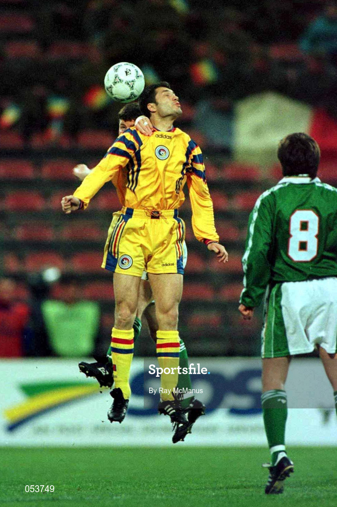 30 April 1997; Denis Irwin of Republic of Ireland in action against Adrian Ilie of Romania during the FIFA World Cup 1998 Group 8 Qualifiying match between Romania and Republic of Ireland at Stadionul Steaua in Bucharest, Romania. Photo by Ray McManus/Sportsfile